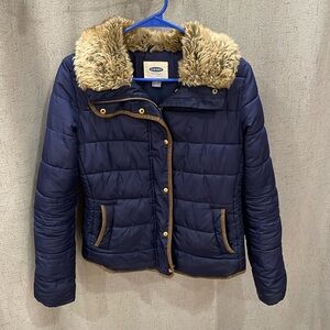 Old Navy Faux Fur Collar Jacket Navy Blue Brown Size XS Warm Lightweight Small